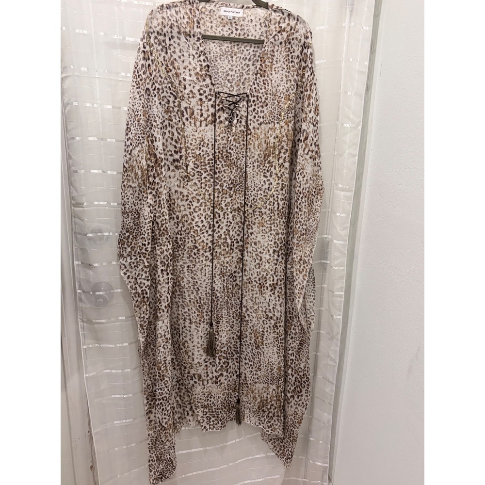 Gibson Latimer Leopard Print Kaftan Dress XL Sequin Lace Up Tassel Cover Up